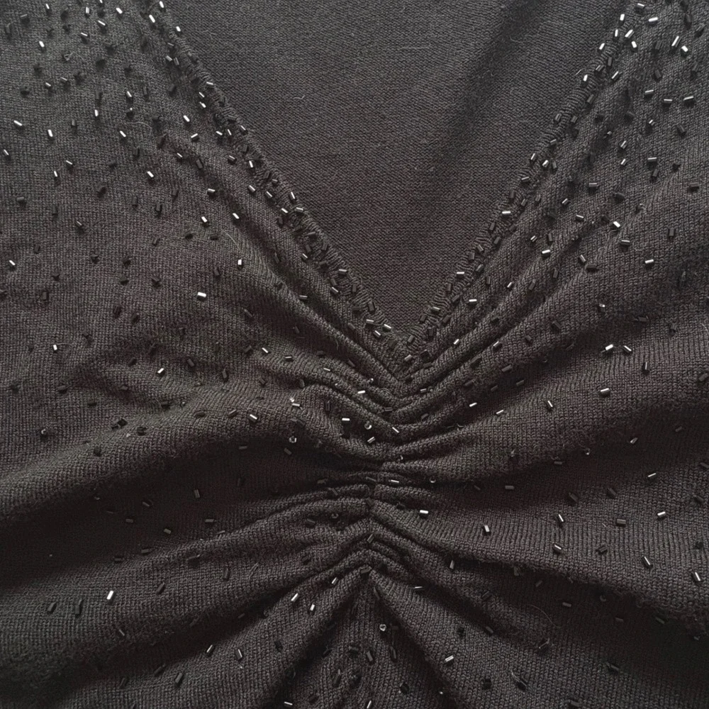 Apt 9 Woman Black Beaded Ruched V-Neck Knit Sweater Top Plus Size 1X Long Sleeve